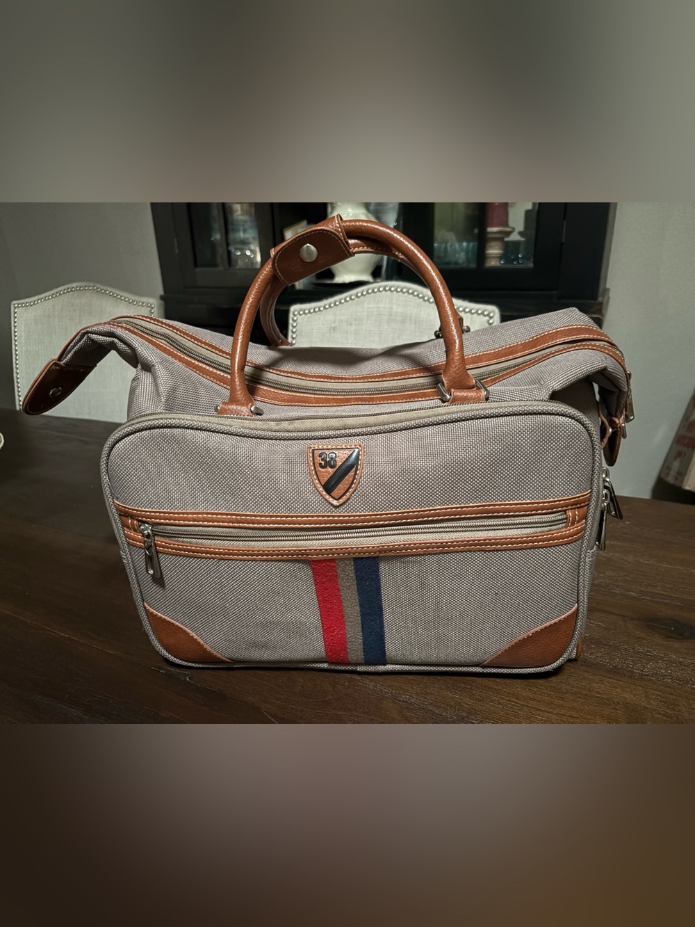 Cremieux Beige Canvas Carry on Travel Bag with Brown Trim and Red & Navy Stripes